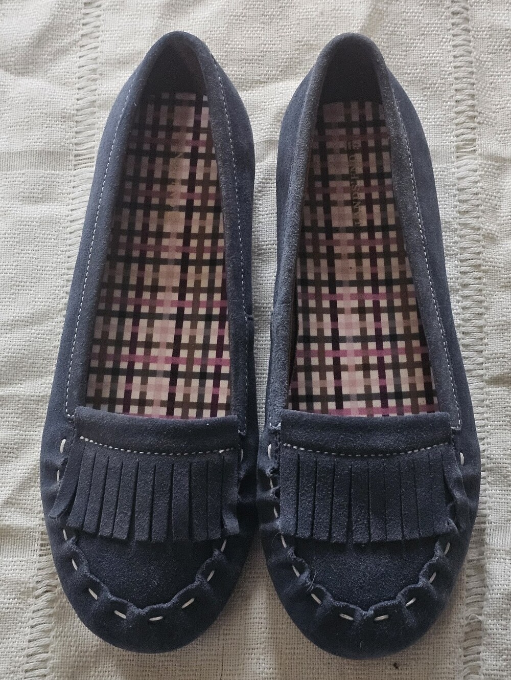 Lands' End Blue Suede Fringe Moccasin Flats with Plaid Lining